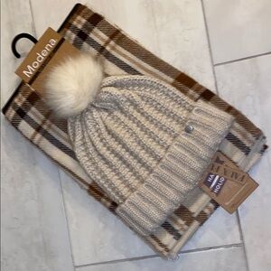 NWT-Modena Beige& Tans Knit Beanie with Faux Fur Pom and Plaid Scarf Set